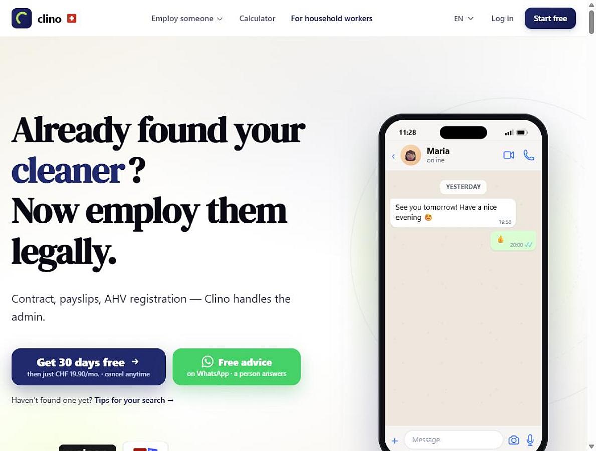 Clino homepage: "Already found your cleaner? Now employ them legally" — the Swiss platform for legally employing household help